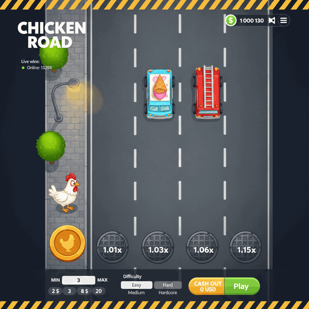 Chicken Road crash game by InOut showing a cartoon chicken crossing a multi-lane road with cars, manhole cover multiplier markers on each lane, and an urban sidewalk with trees and street lamp on the left side