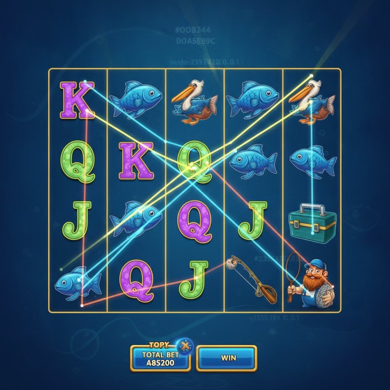Fishin Frenzy gameplay showing coloured paylines across the 5x3 reel grid with active win lines