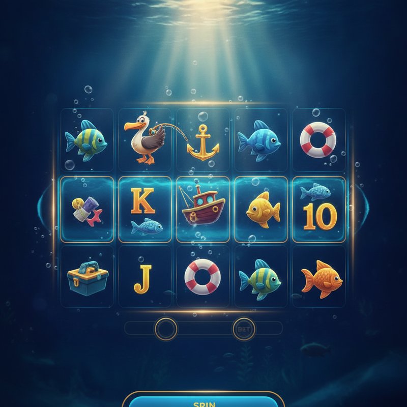 Fishin Frenzy slot main screen showing the 5x3 ocean-themed reels with boat scatter and pelican symbols