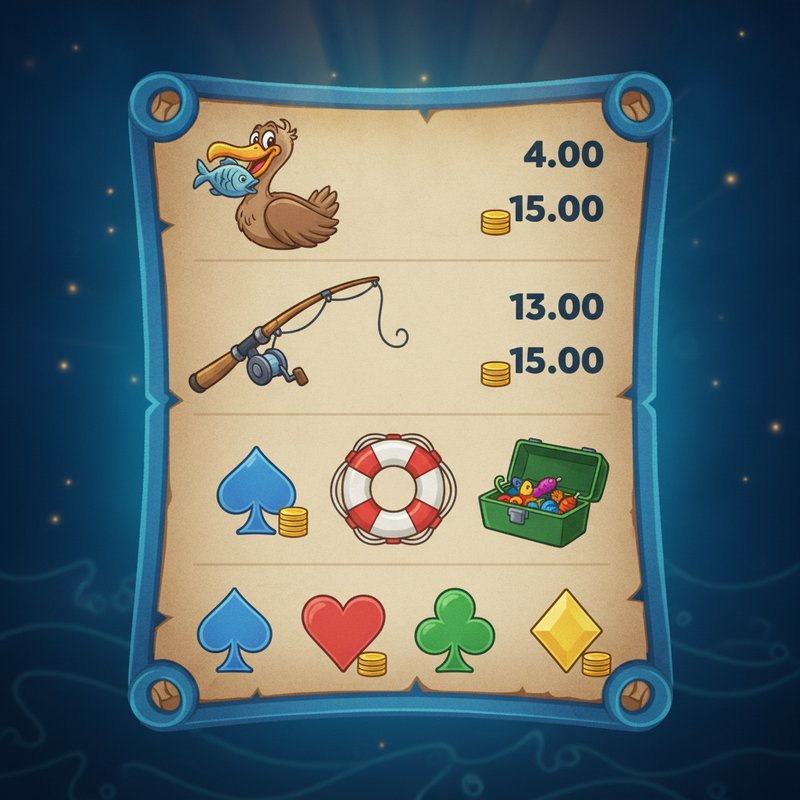 Fishin Frenzy paytable showing pelican, fishing rod, life preserver, tackle box and card symbol payouts